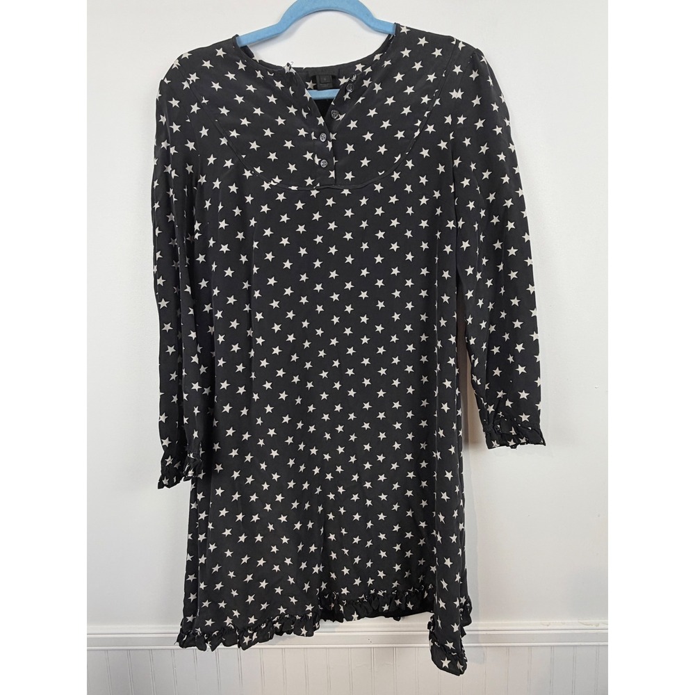 J.Crew Collection Silk Star Print Long Sleeve Ruffle Hem Dress Black White 6
